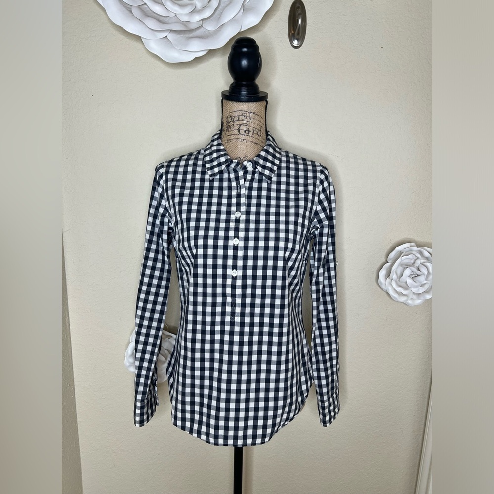 Vineyard Vines Black & White Gingham Check Half Buttoned Pullover Top Sz 4